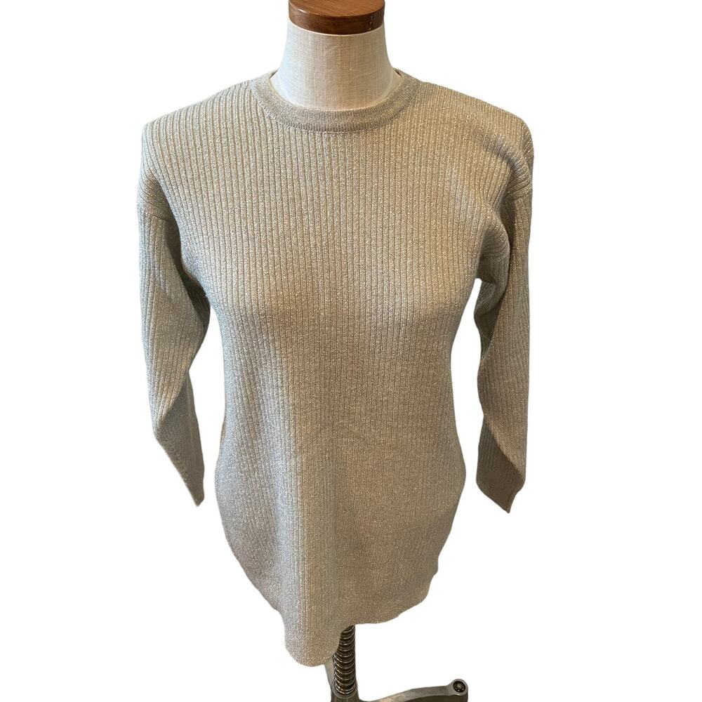 Charter Club metallic silver ribbed crewneck sweater M